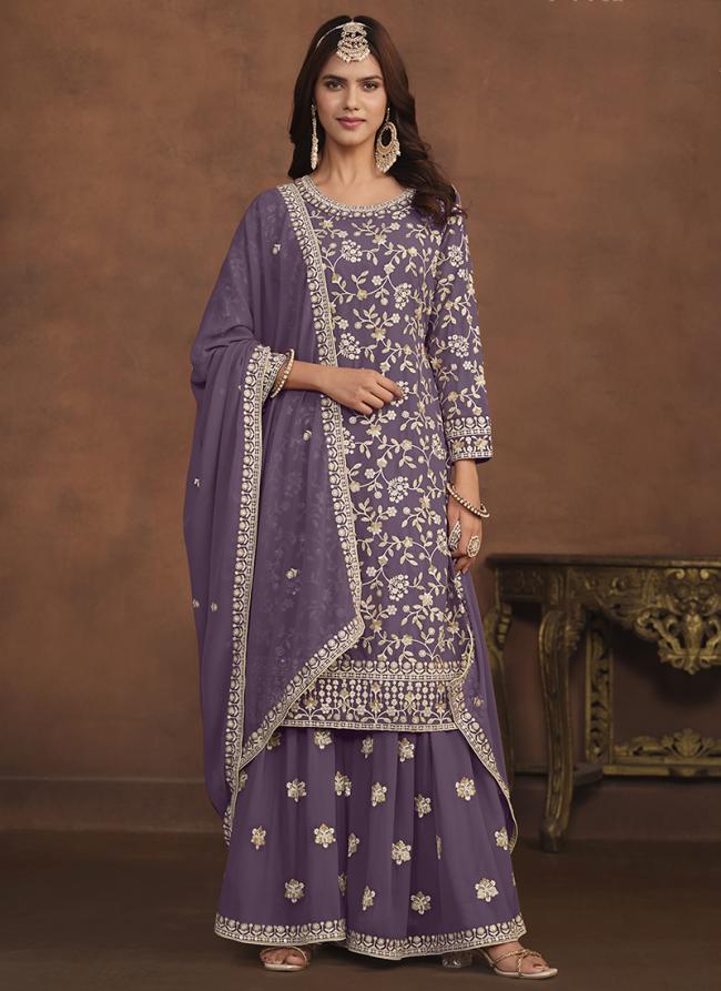 Faux Georgette Lilac Party Wear Embroidery Work Sharara Suit